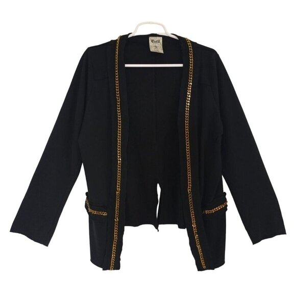 Women's Vintage Black Open Front Cardigan with Gold Chain Trim Long Sleeve. - Picture 1 of 7